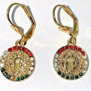 Mexico Flag Saint Benedict Earrings. Gold Plated